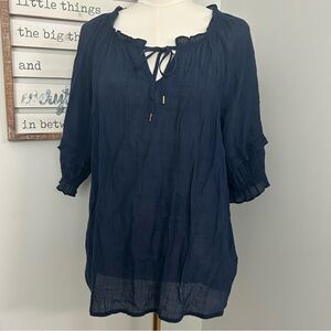 Counterparts Navy Blue Gauze Tunic 3/4 Ruffle Trim & Sleeves lightweight Size XL